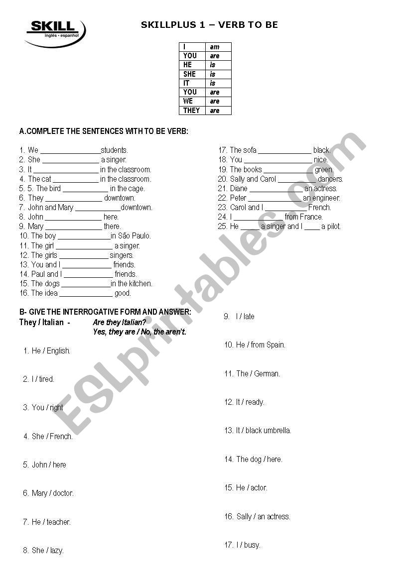 TO BE VERB worksheet