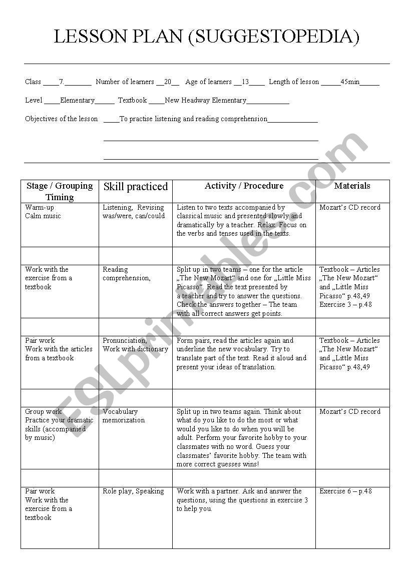 Suggestopedia worksheet