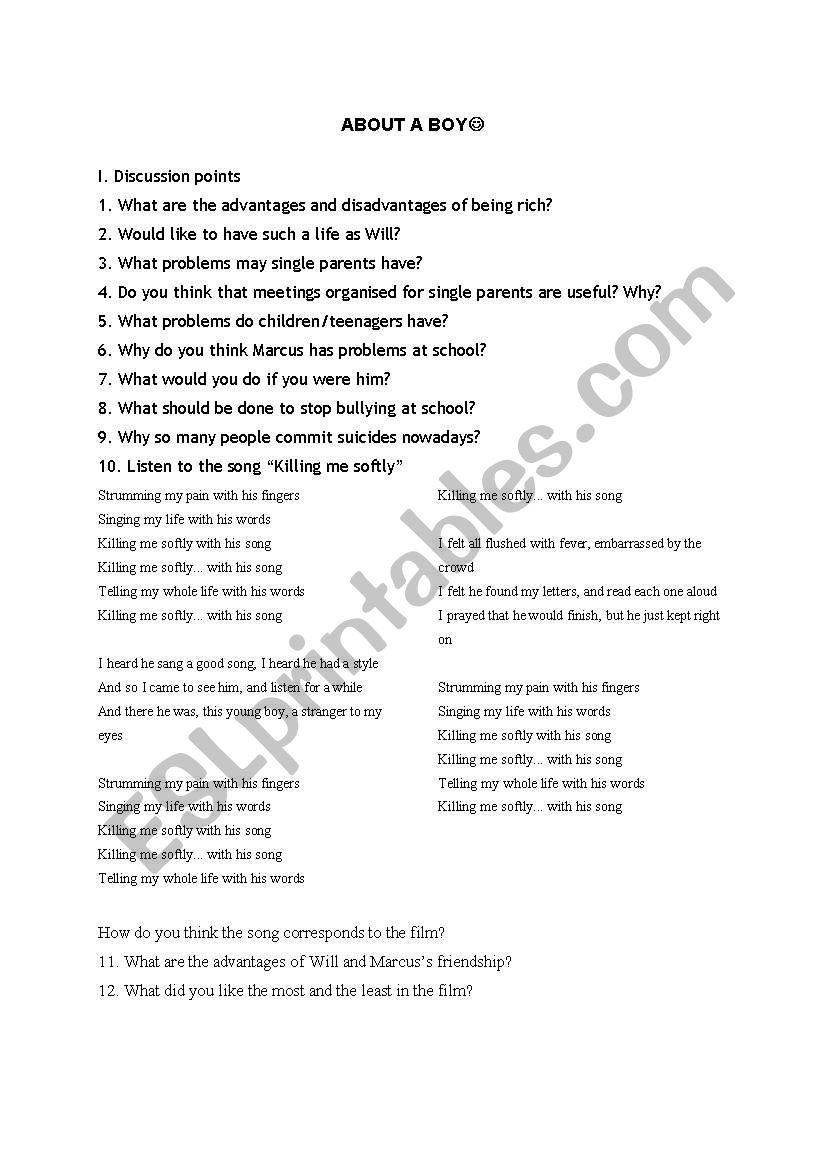 About a boy worksheet