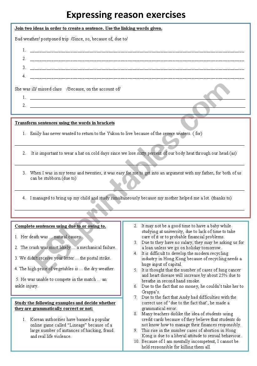 Expressing reason exercises worksheet