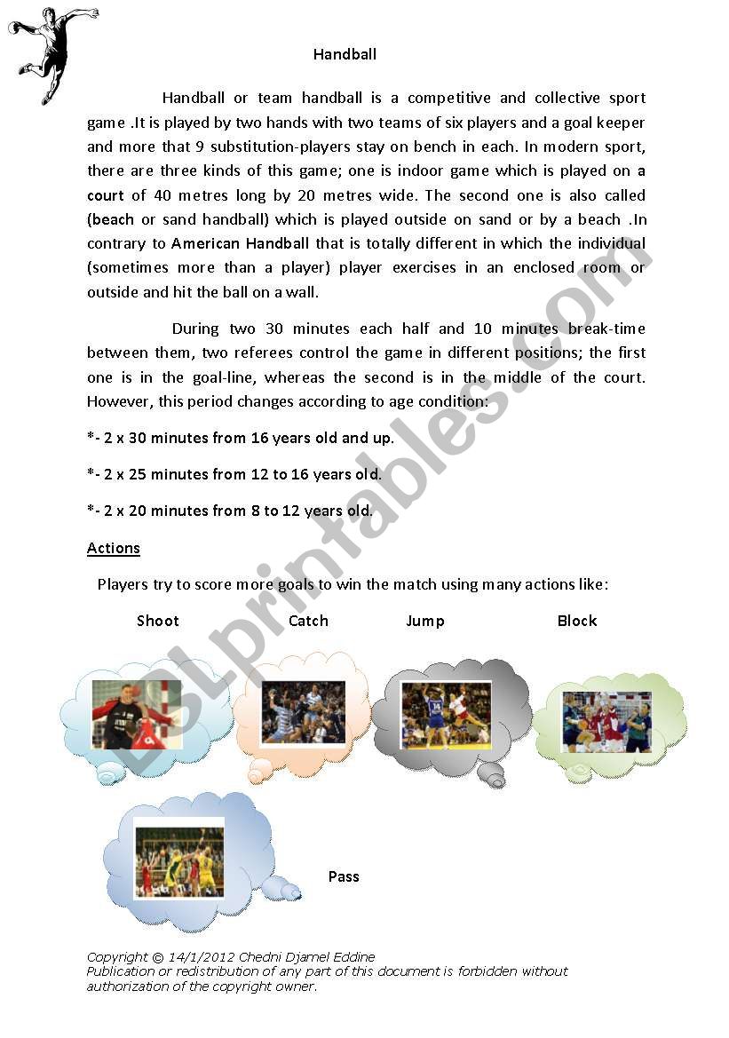 handball sport worksheet