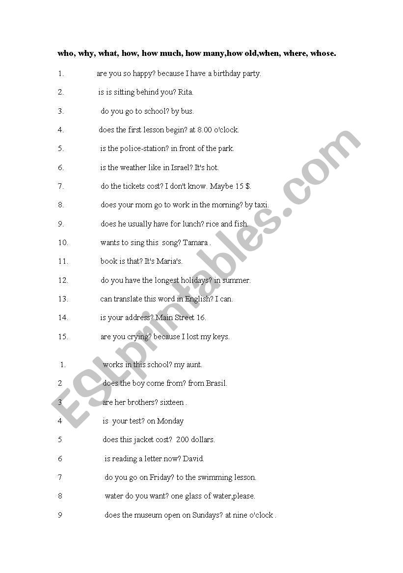 Question words worksheet