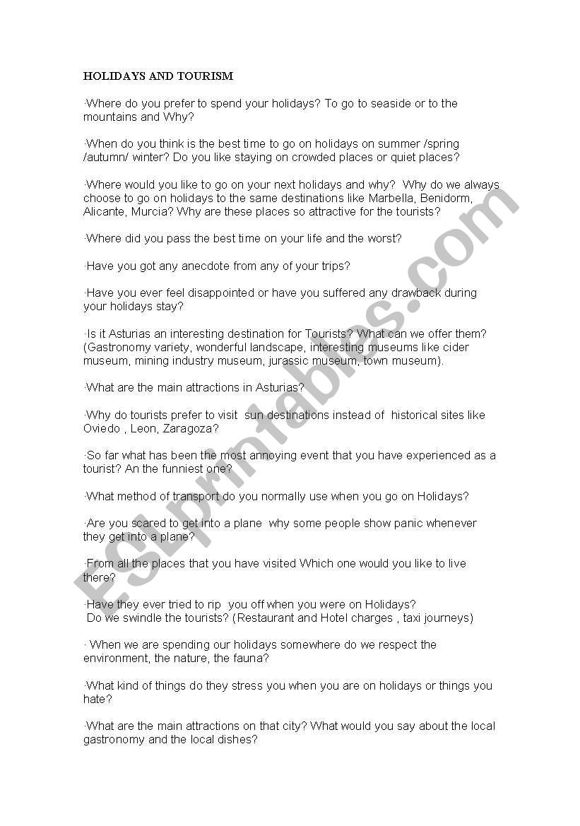 Holidays and Tourism worksheet