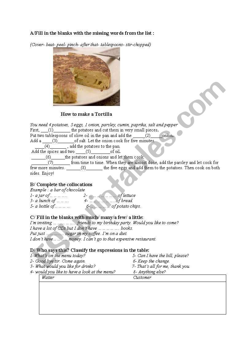 food and cooking worksheet