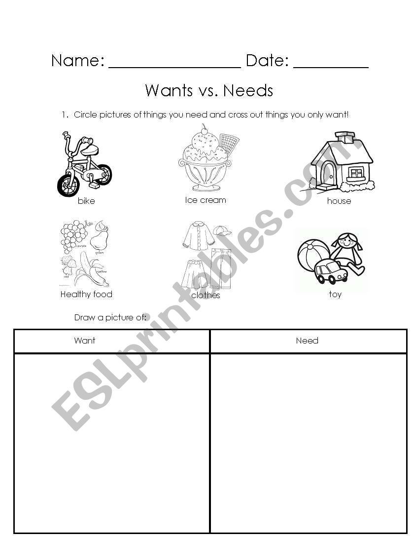 Wants Vs. Needs worksheet