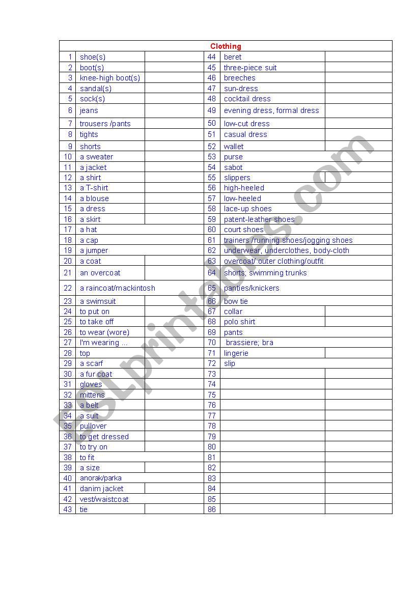 Clothes (dictionary) worksheet