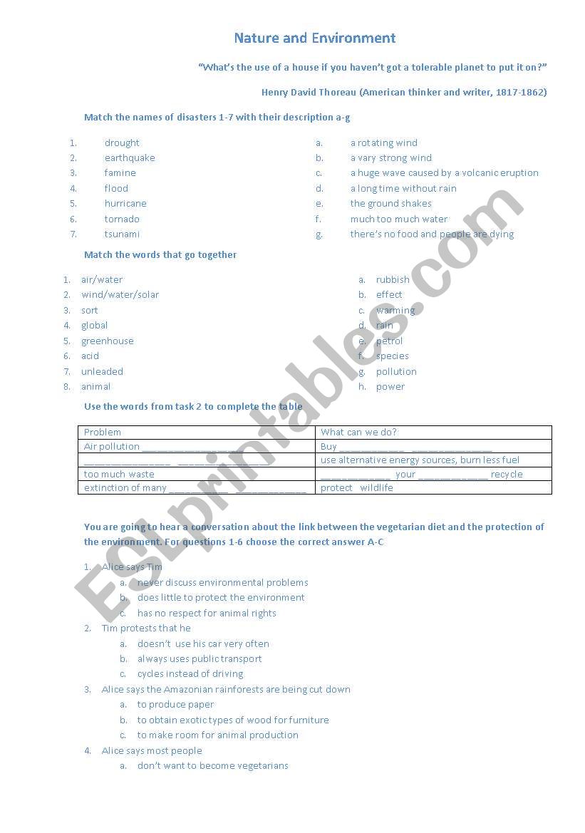 Nature and Environment worksheet