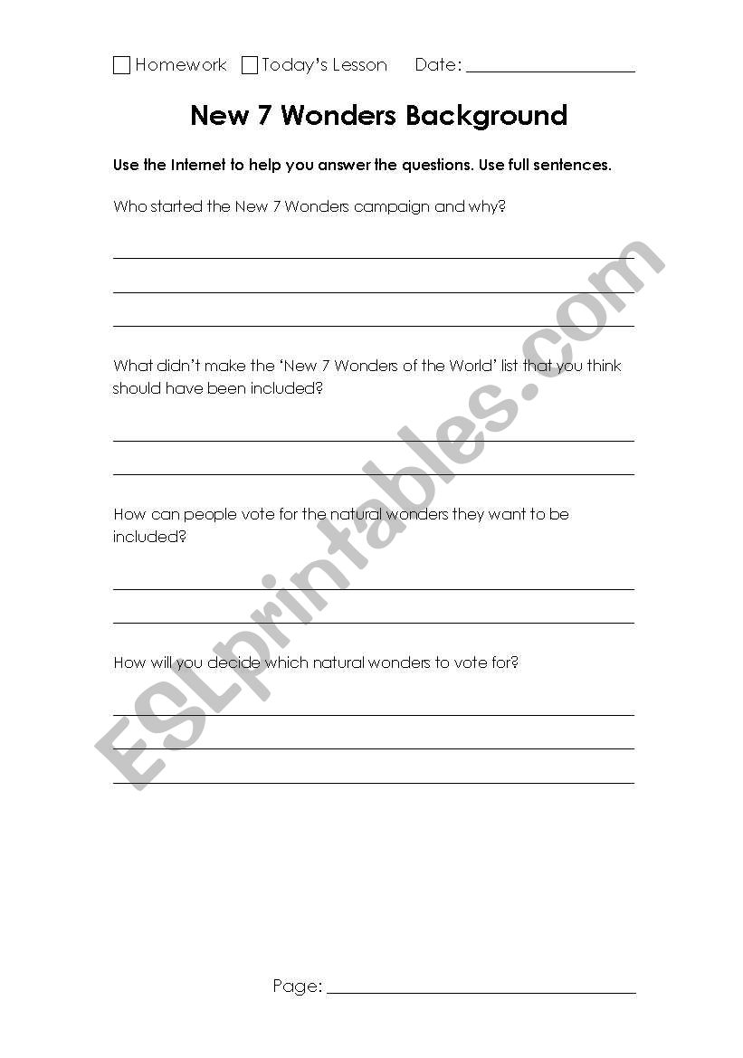 wonders of Nature worksheet