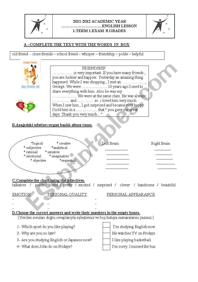 8th grades Exam worksheet