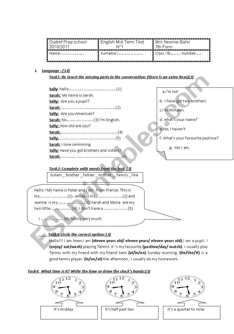 english test number1 for 7th formers