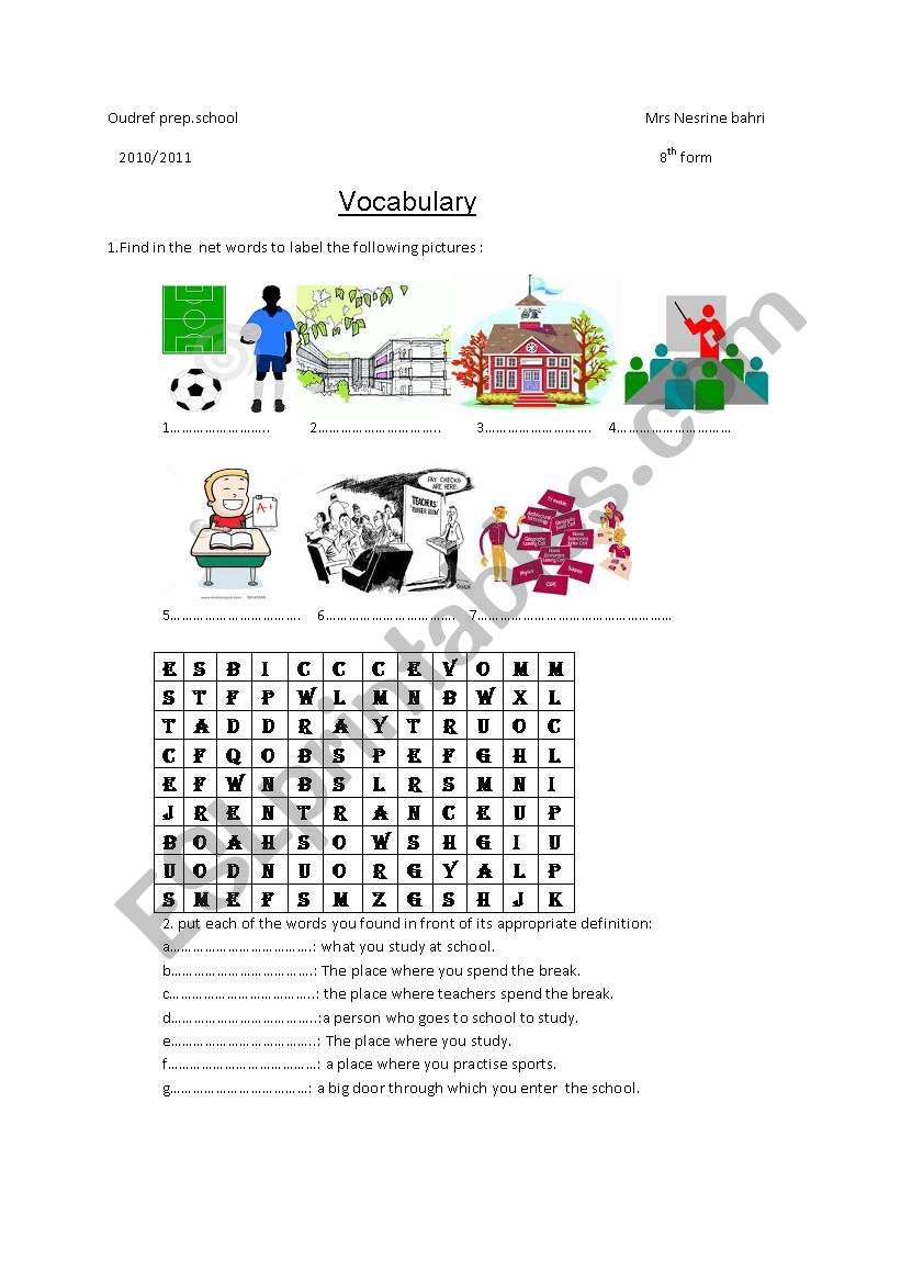 school vocabulary worksheet
