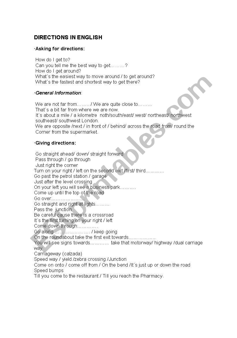 Directions in english worksheet