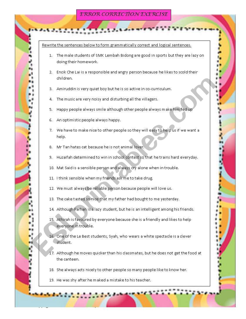 Error Correction in Sentences worksheet