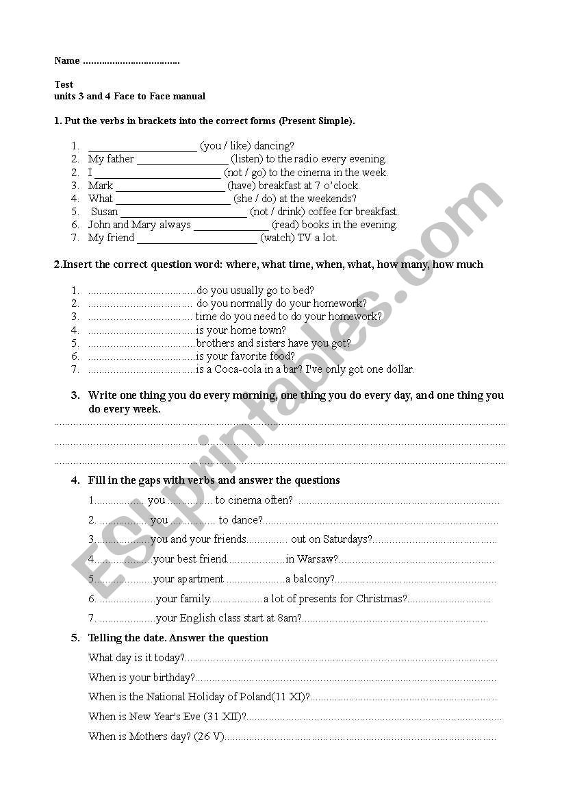 Test Face 2 face english elementary units 3-4 