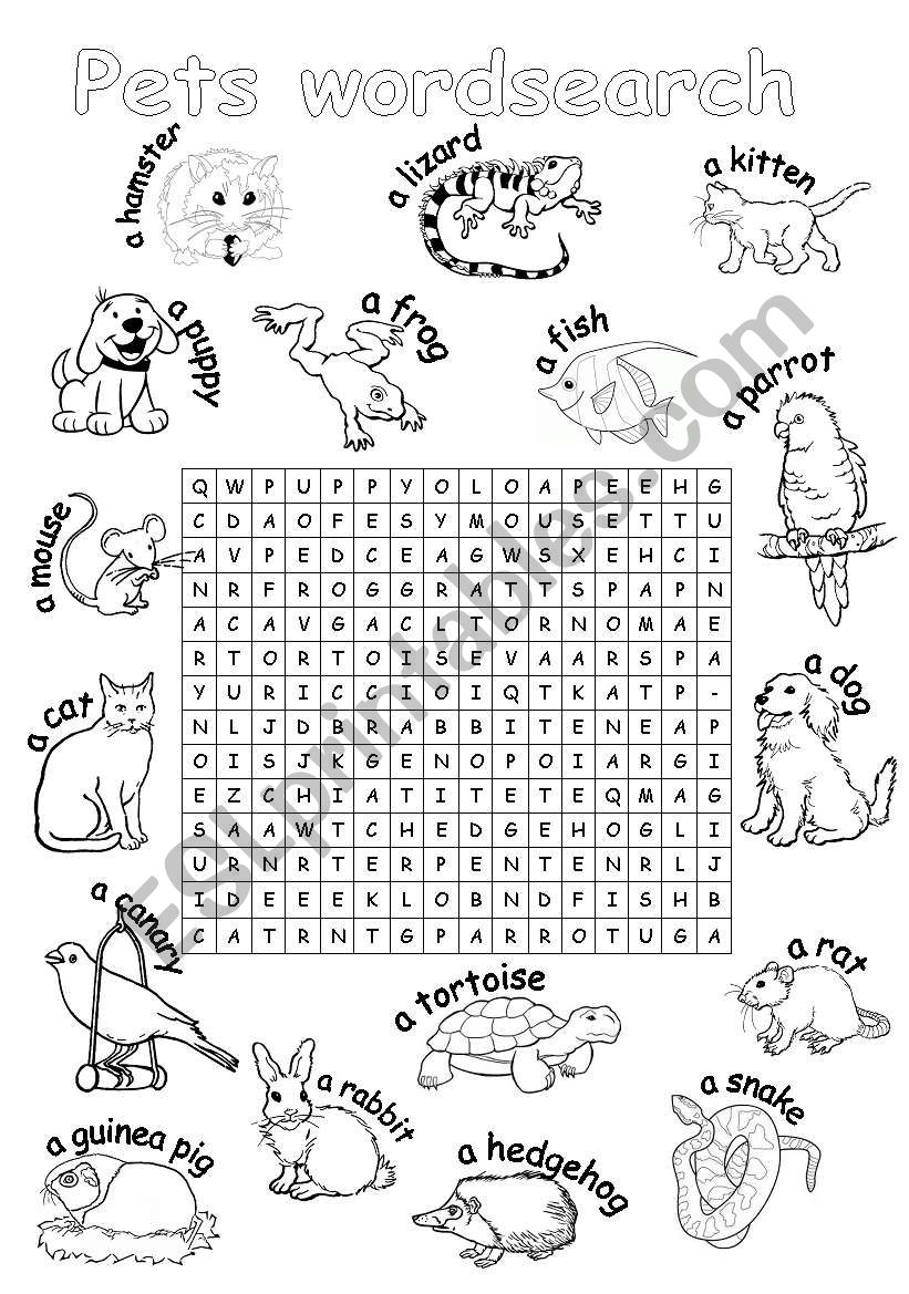 Pets wordsearch worksheet