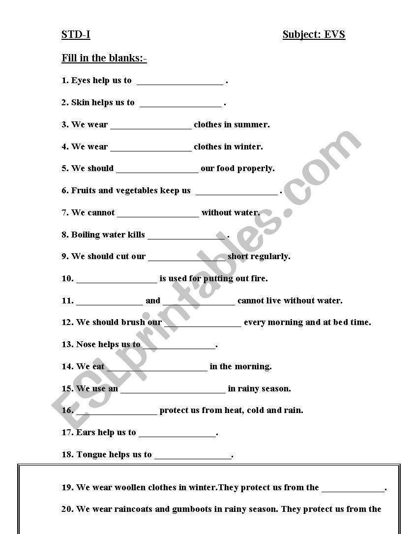 Std 1 English Grammar Worksheet