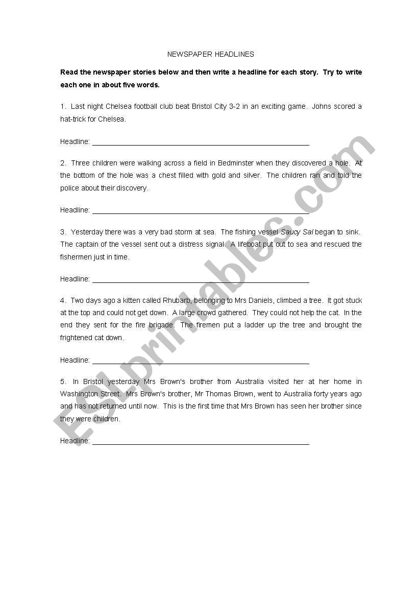 newspaper headlines worksheet