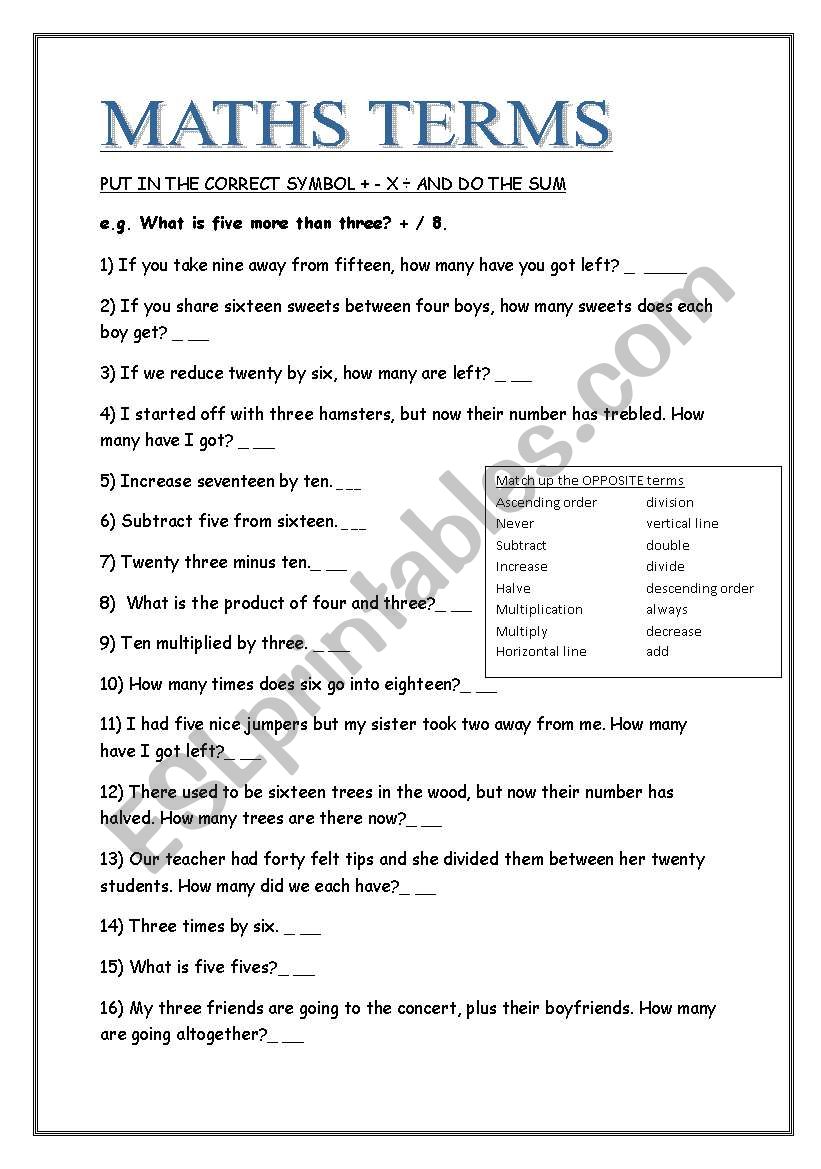 Maths Terms worksheet