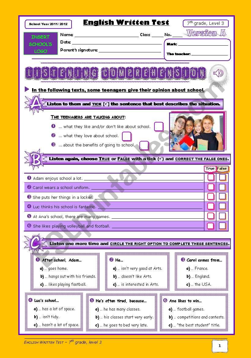 School Test (7th grade) - part 1