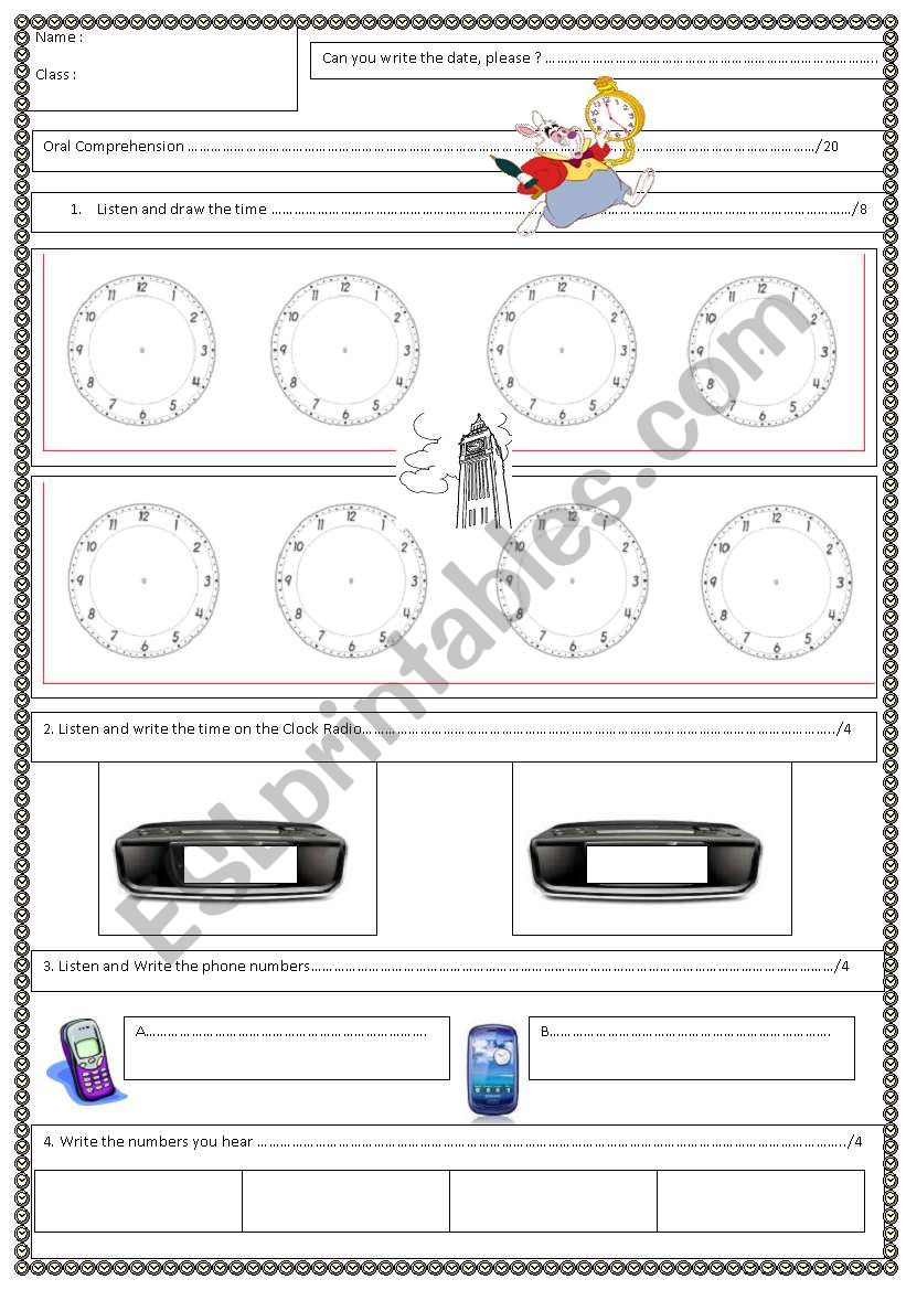 Time and numbers test worksheet