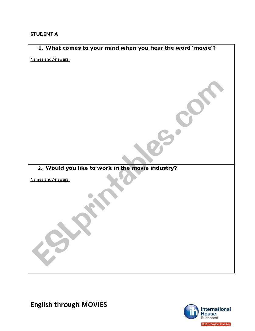 Icebreaker about movies worksheet