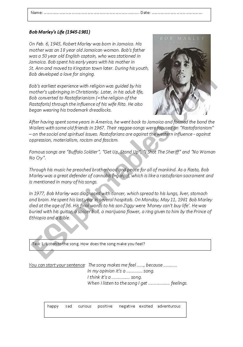 Bob Marley: Get up, stand up. worksheet