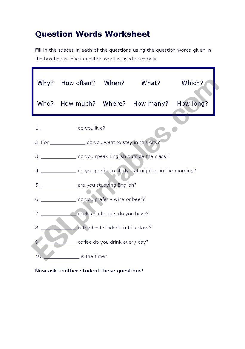 Question words worksheet