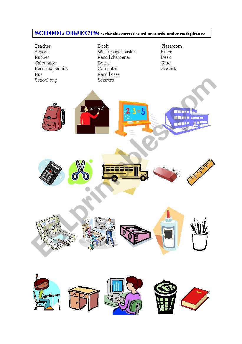 School objects worksheet