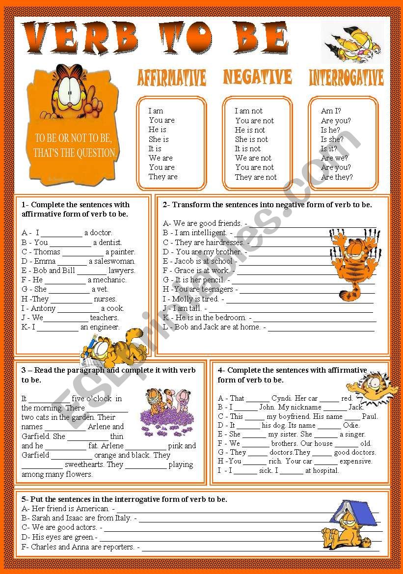 VERB TO BE WITH GARFIELD - PRESENT SIMPLE OF VERB TO BE - KEY INCLUDED - EDITABLE