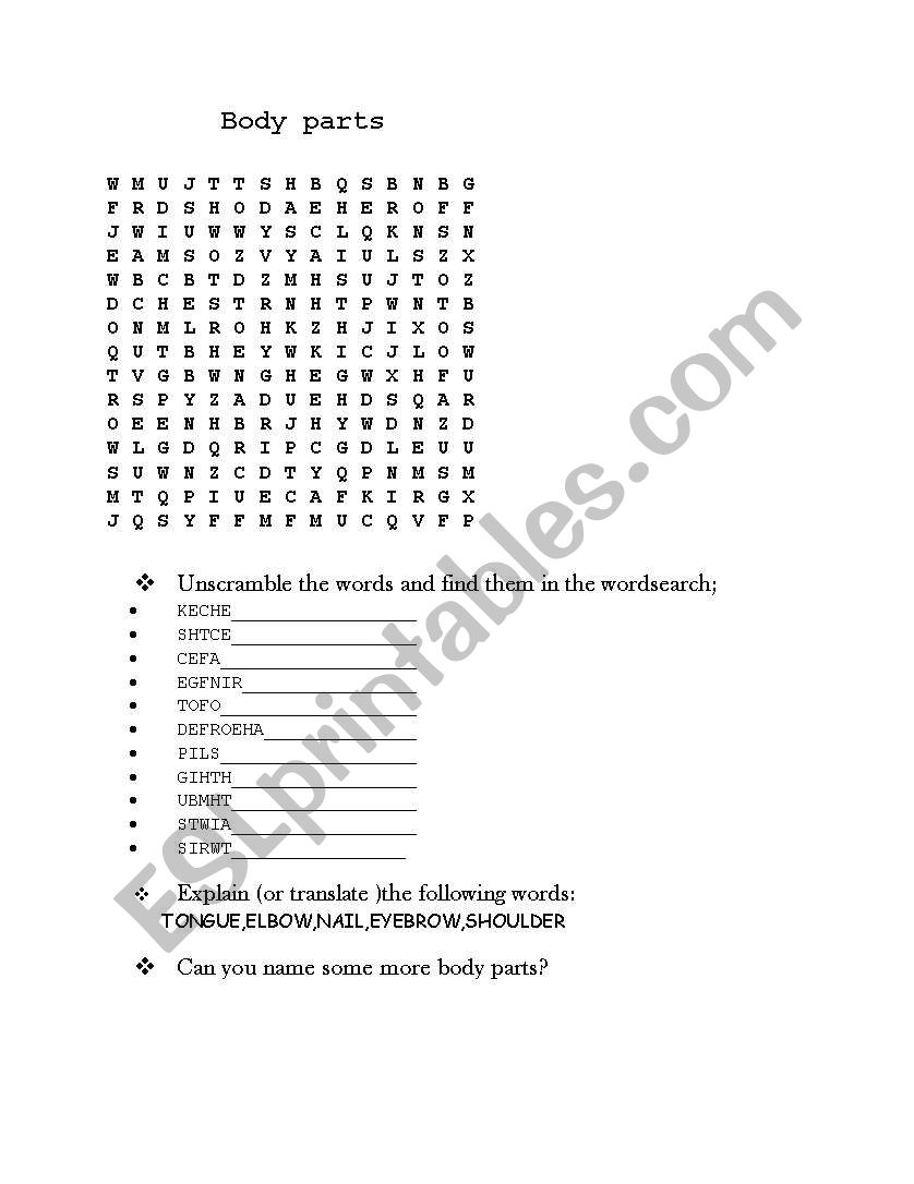 body parts worksheet