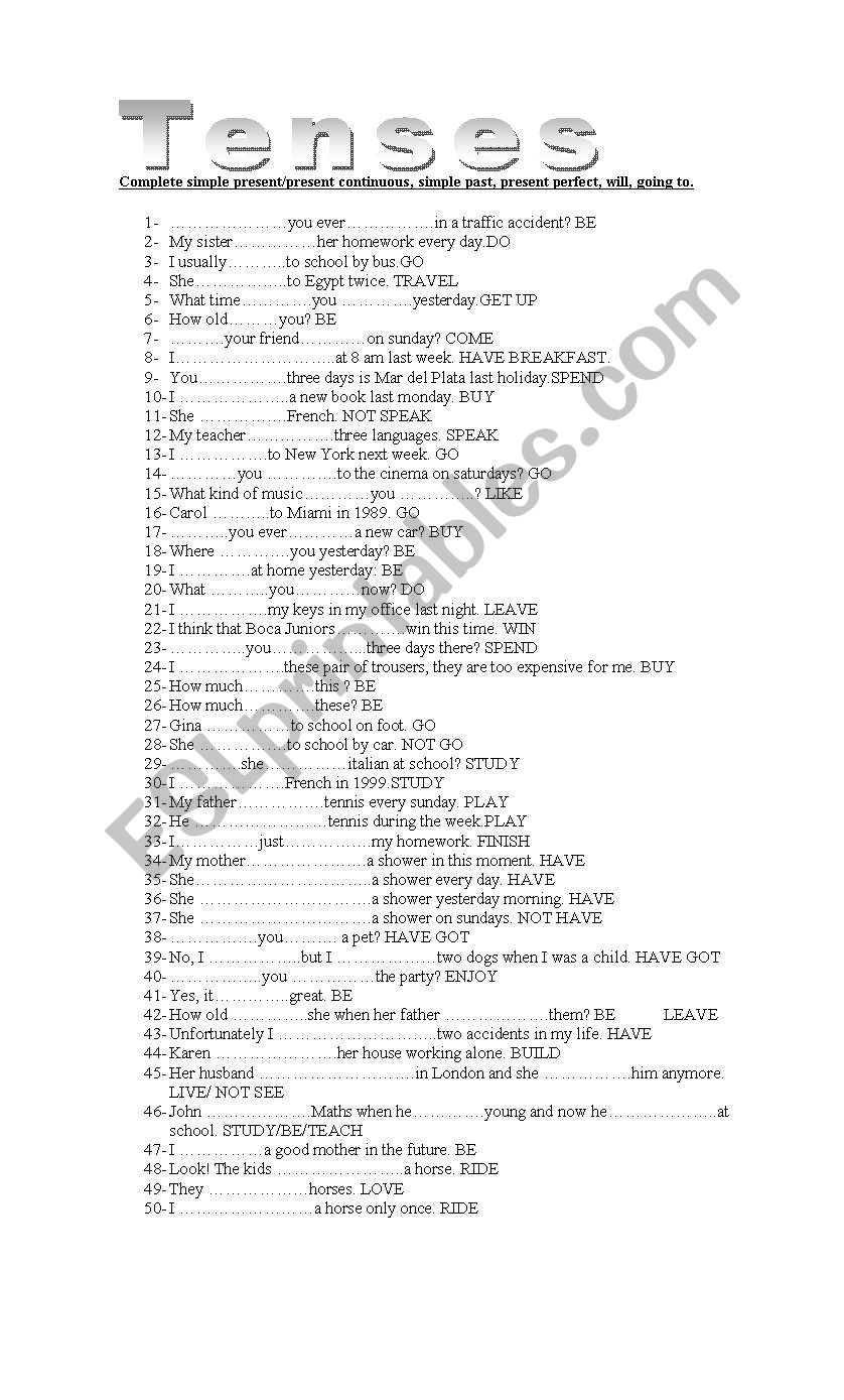 complete using dif tenses worksheet