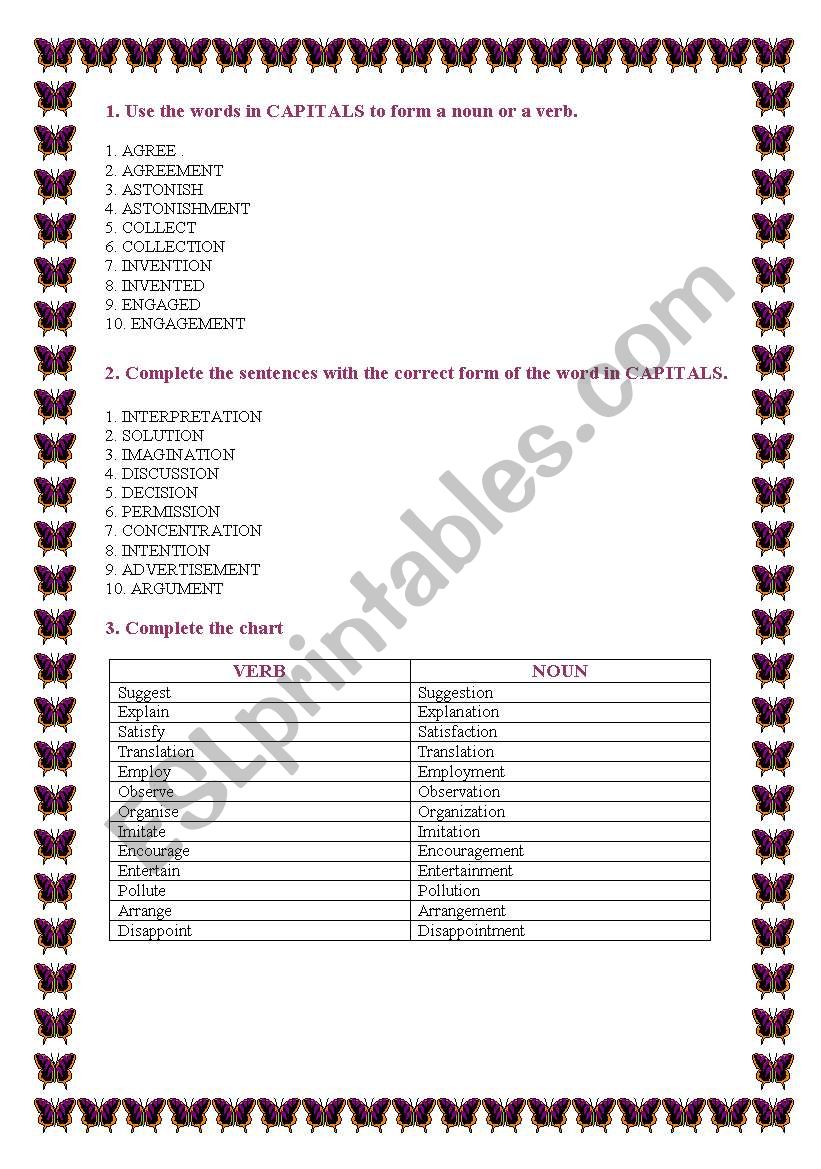 word formation nouns ending ion and ment esl worksheet ion words