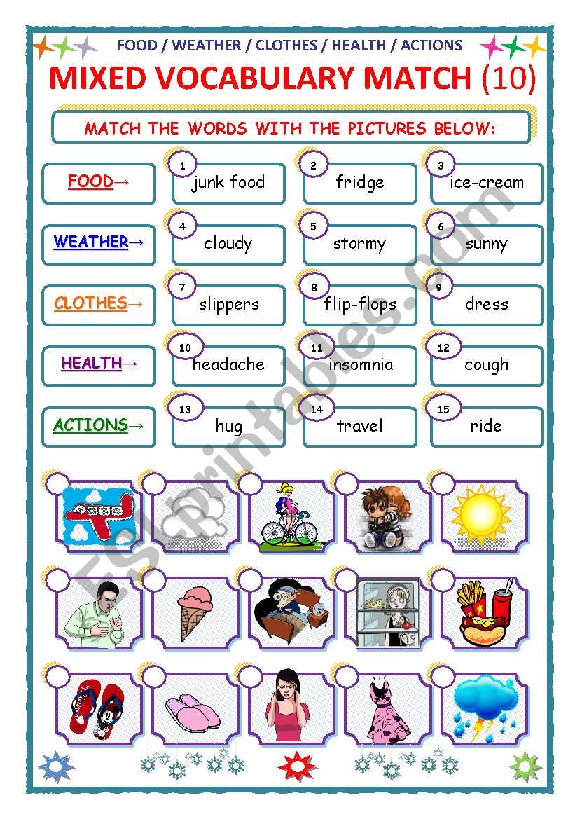 MIXED VOCABULARY MATCH 10 ESL worksheet by timewilltell