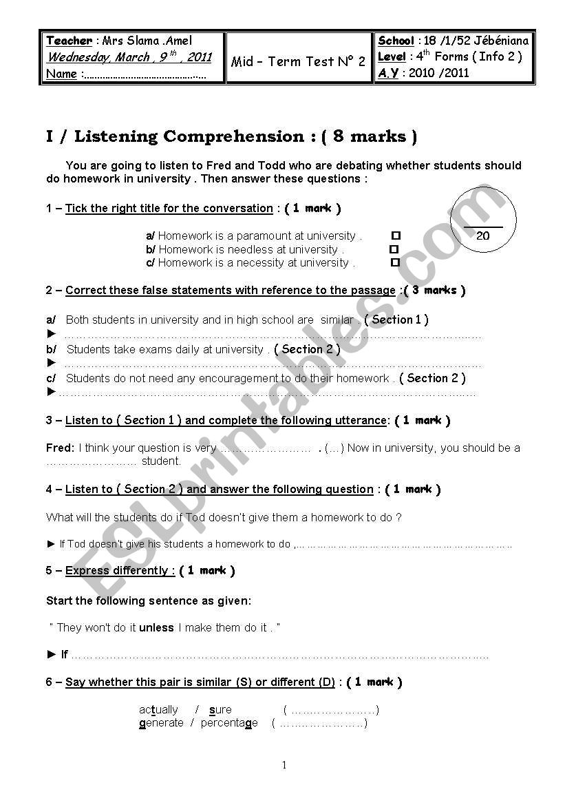 Mid -term Test N2 worksheet