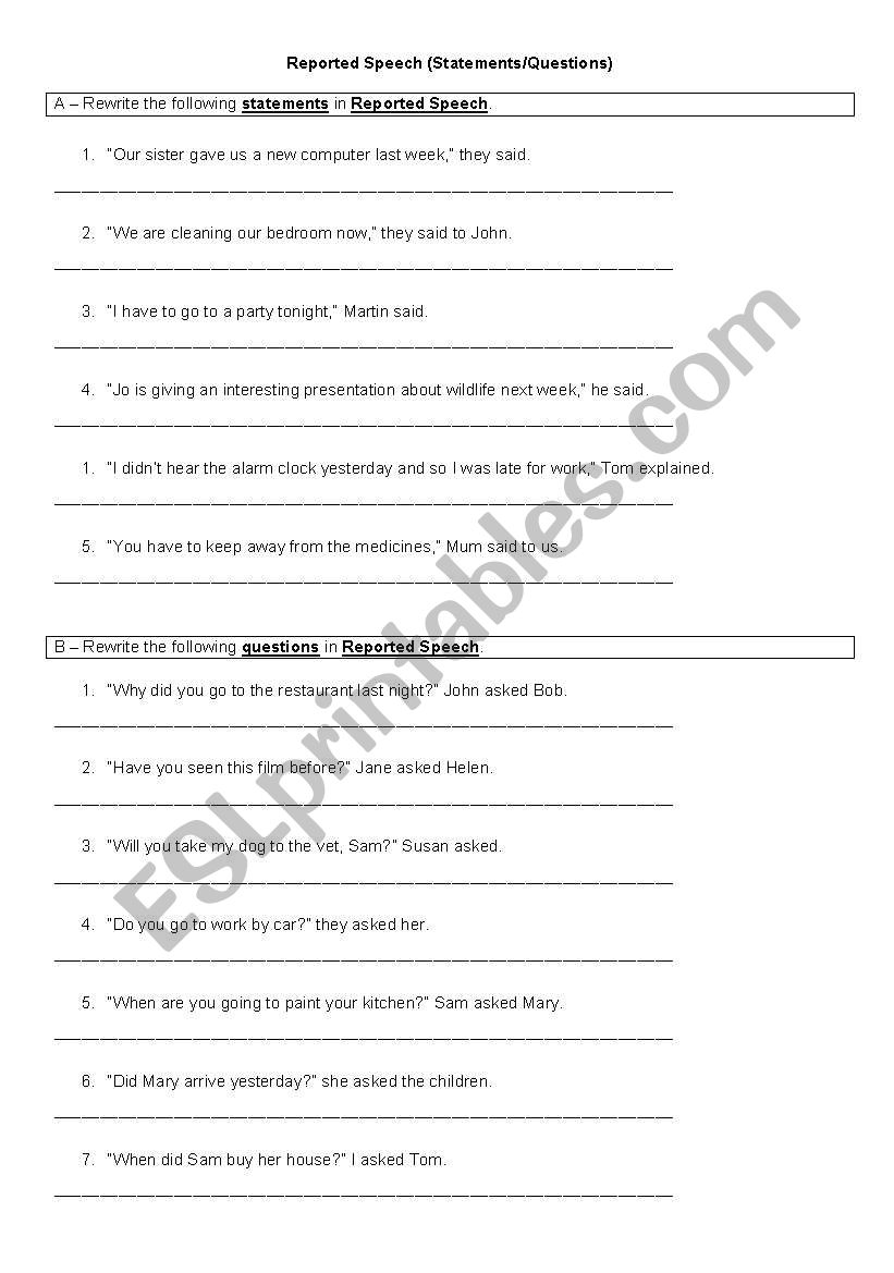 Reported Speech worksheet