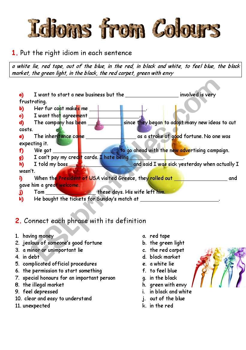 Idioms from Colours worksheet