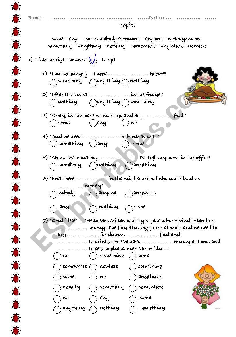 Test on (Compound) Indefinite Articles some-any-no incl. Key