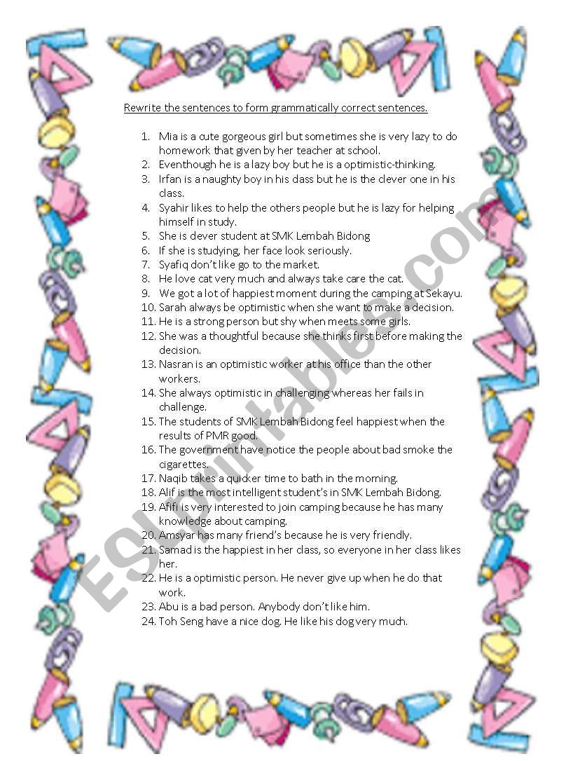 Error Correction in Sentences worksheet