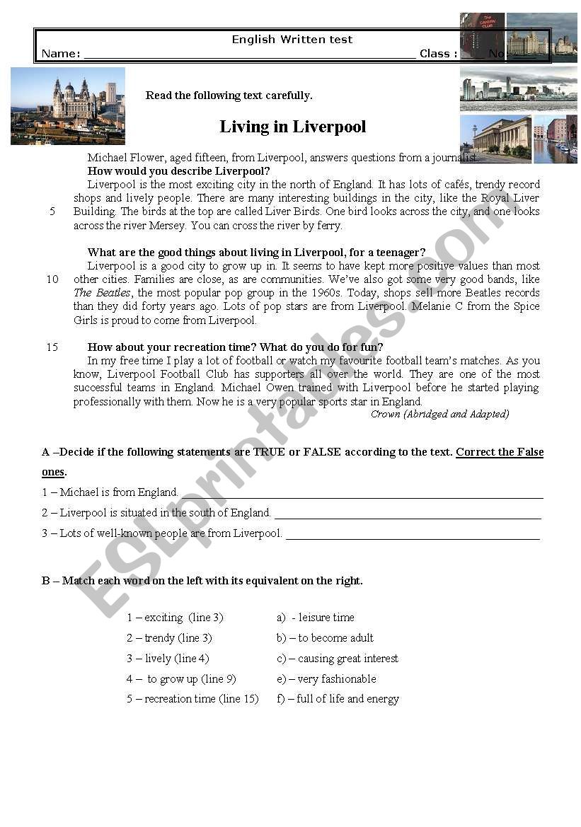 Test 8th Living in LIverpool worksheet