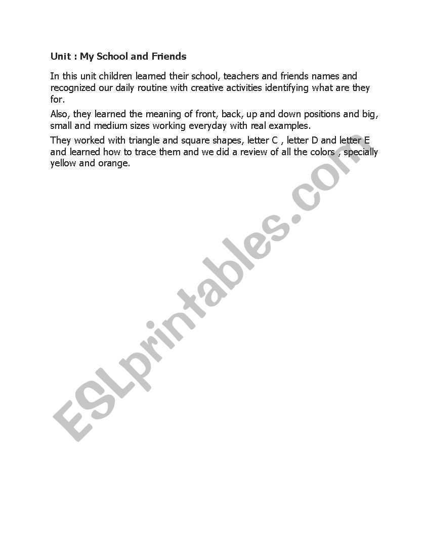 My School and Friends Unit description for the planning
