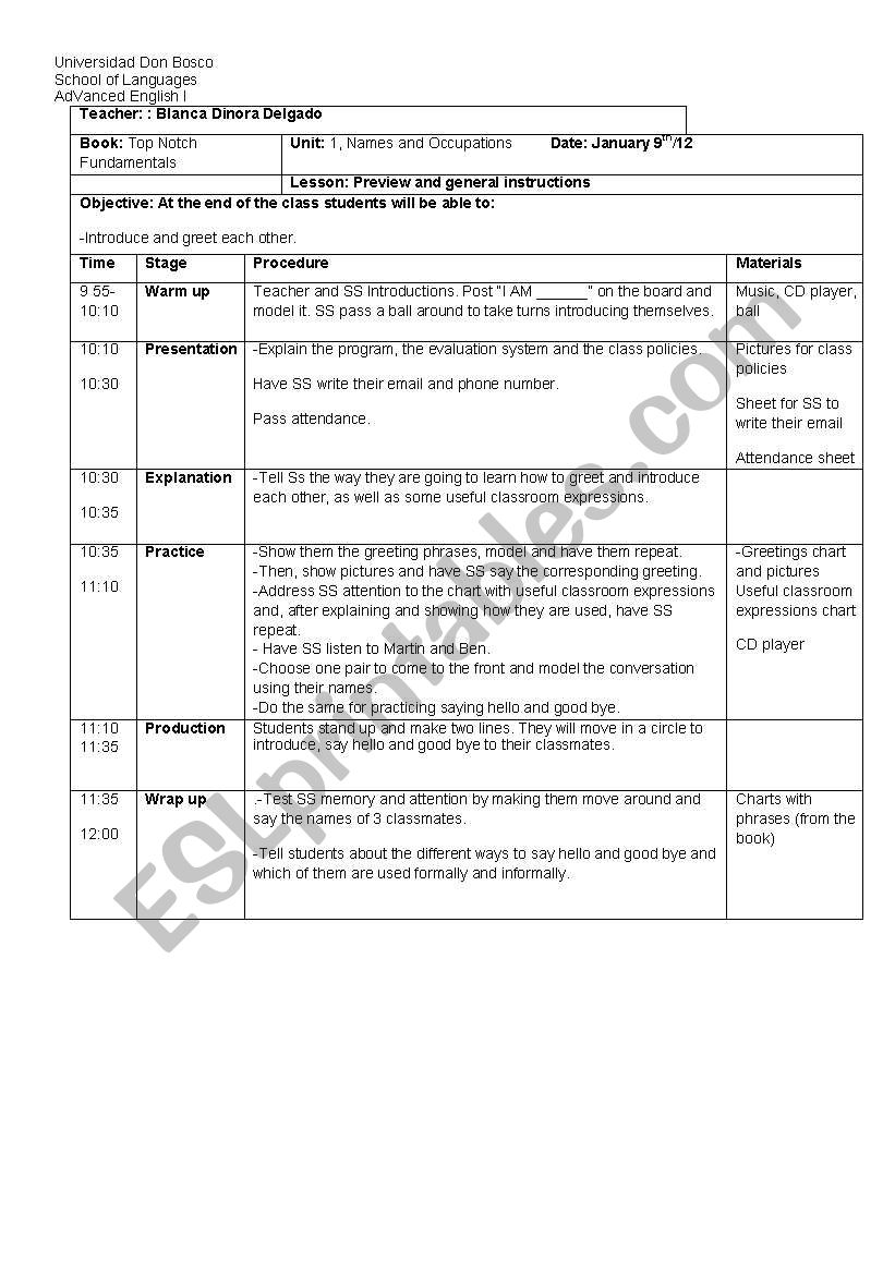 Lesson plan for teaching verb Be with occupations