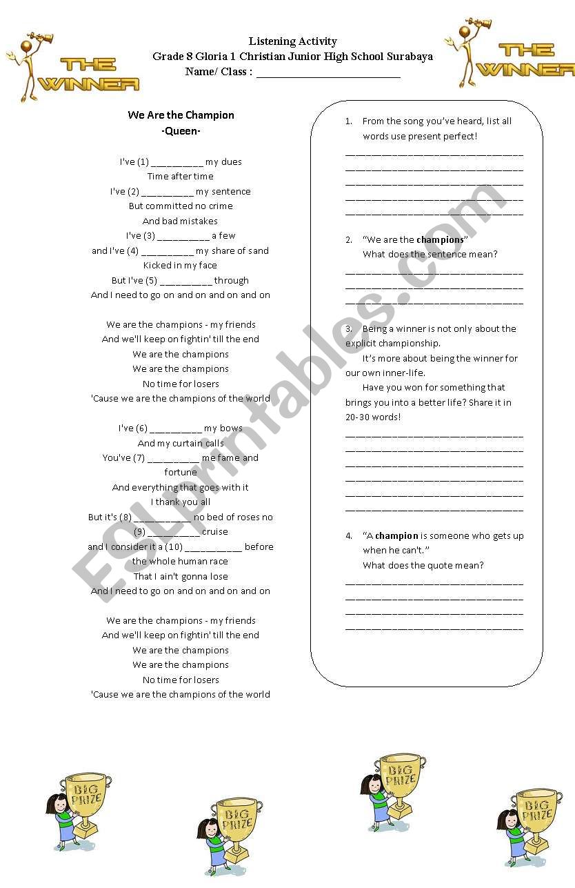 we are the champion - song worksheet