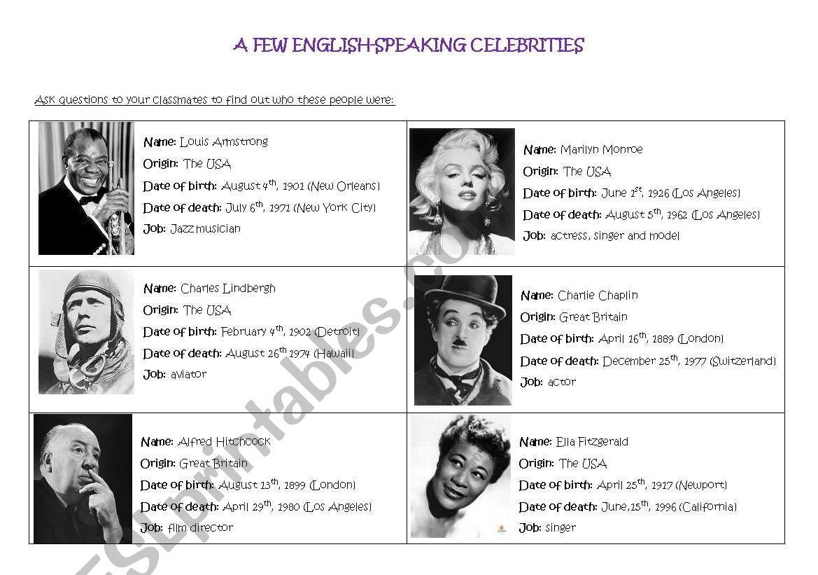 celebrities pairwork worksheet