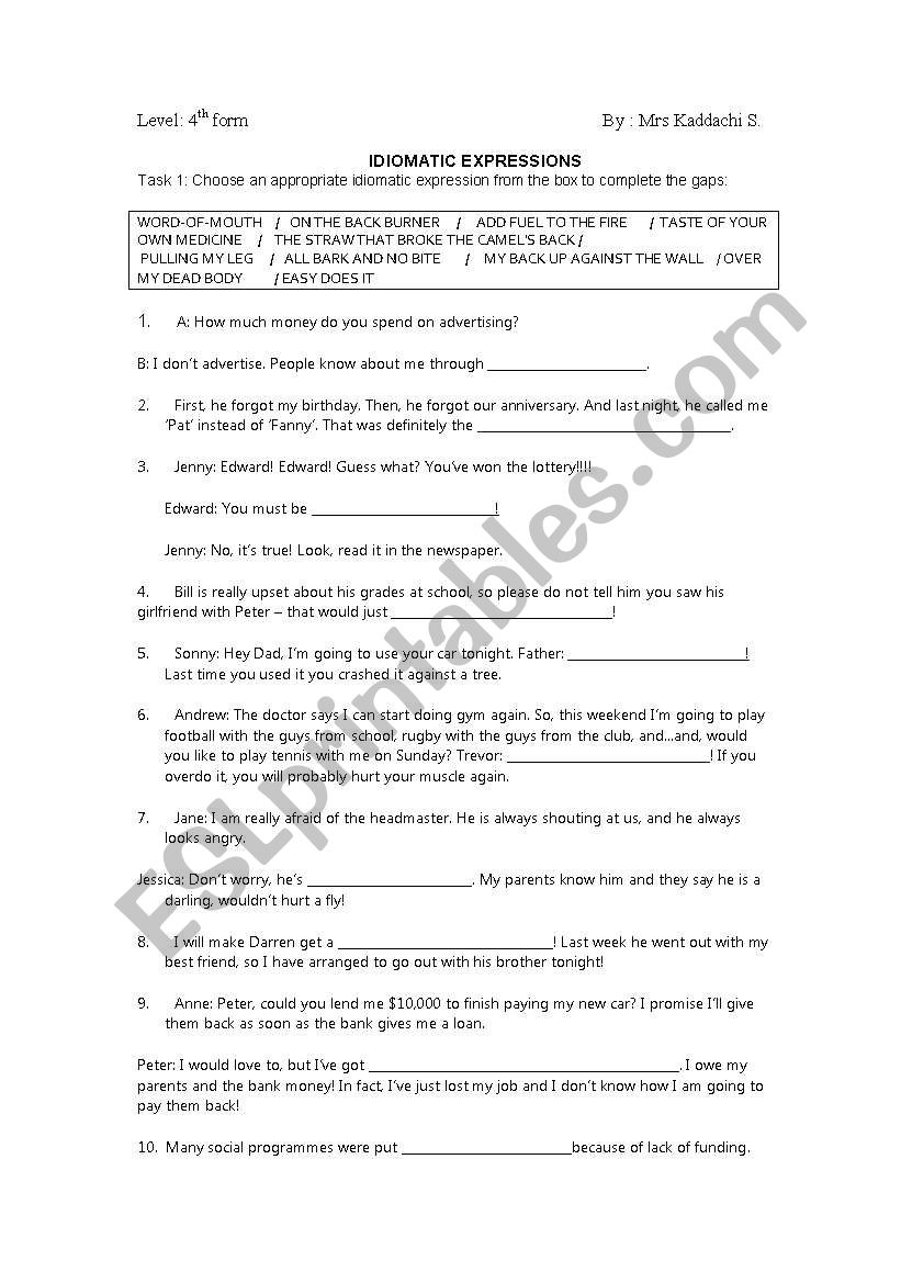 idiomatic expressions worksheet