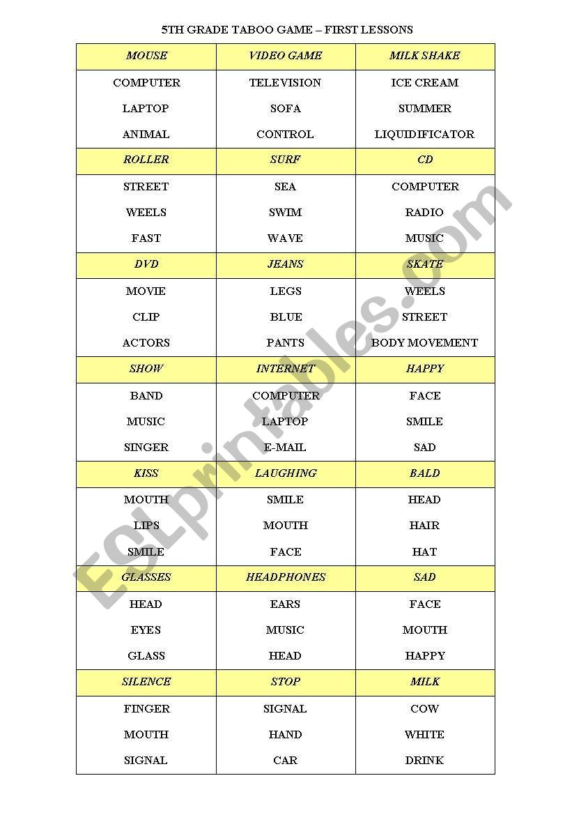 Taboo Game worksheet