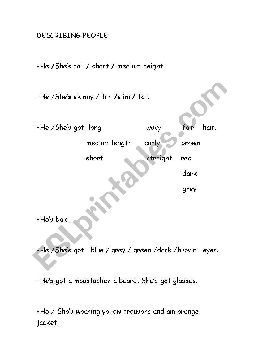 DESCRIBING PEOPLE worksheet