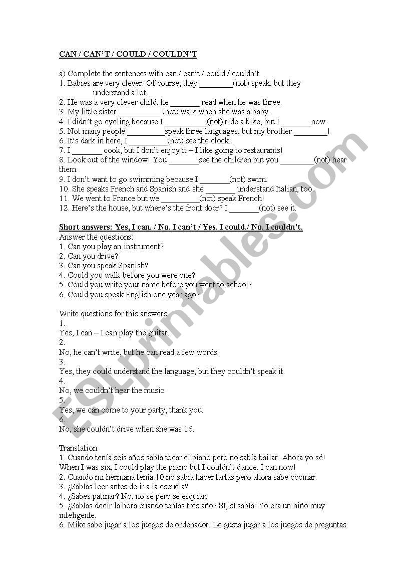 CAN/ CANīT / COULD /COULDNīT worksheet CAN/ CANīT / COULD /COULDNīT worksheet
