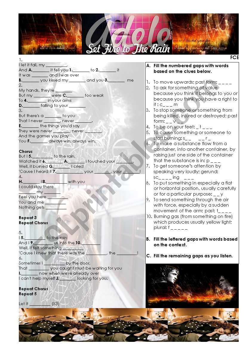 Set Fire to the Rain - Adele song worksheet