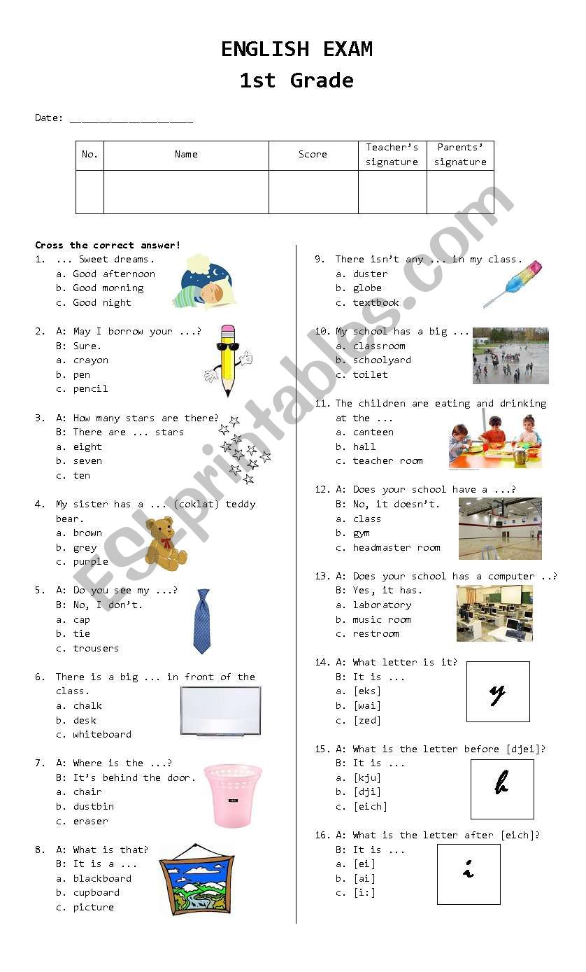 1st Grade Exam worksheet