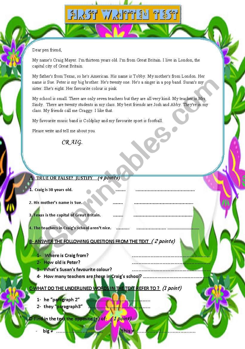 elementary quick review : short letter reading instructions + a/an , possessives +present simple 